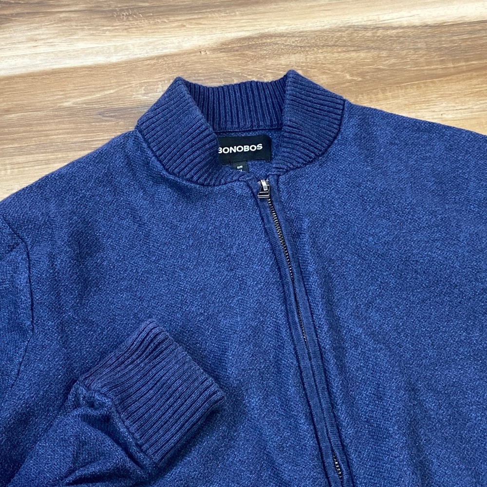 Bonobos Bomber Jacket Mens Medium Slim Cotton Cashmere Knit Blue Quiet Luxury